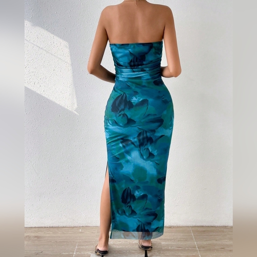 Allover Print Ruched Side Tube Bodycon Dress - Picture 2 of 5